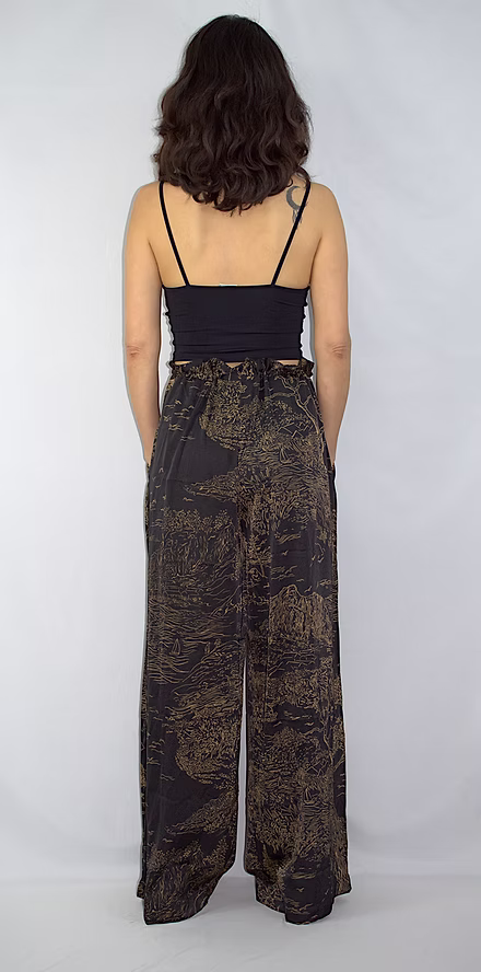 Pantalon Kimono décor paysage asiatique doré sur fond noir – Image 2