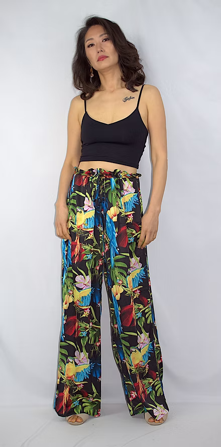 Pantalon Kimono décor perroquets tropicaux