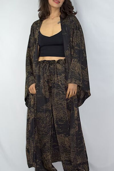 Pantalon Kimono décor paysage asiatique doré sur fond noir