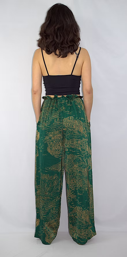 Pantalon Kimono décor paysage asiatique doré sur fond vert – Image 2