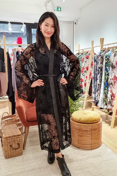 Veste kimono Longue en dentelle noire