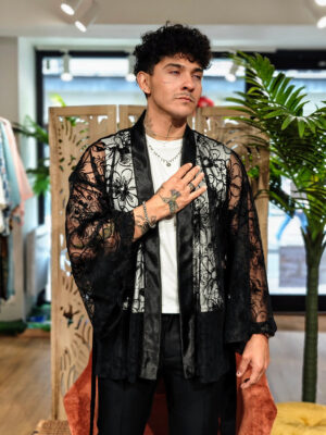 Veste kimono Courte en dentelle noire