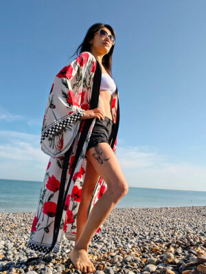 Veste Kimono Longue décor coquelicots