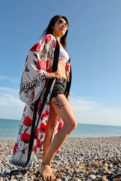 Veste Kimono Longue décor coquelicots