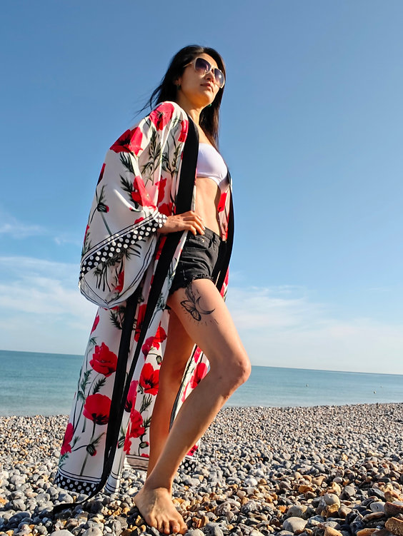 Veste Kimono Longue décor coquelicots