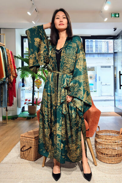 Veste Kimono  Longue Paysage doré sur fond vert