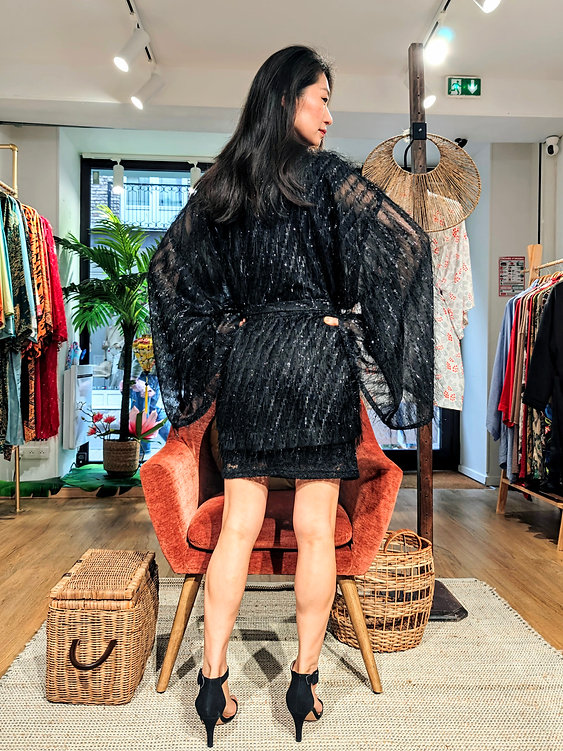 Veste kimono Courte en fourrure noire scintillante – Image 3