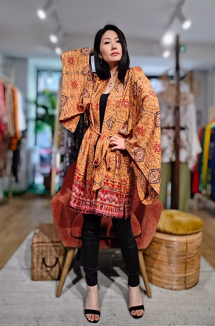 Veste kimono en mousseline fleurs bohèmes