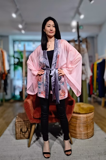Veste kimono Courte en organza rose phénix