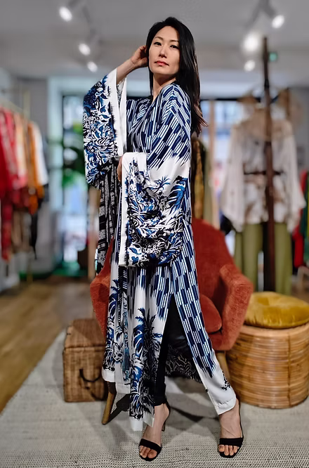 Veste Kimono Longue Palmiers bleus marines – Image 2