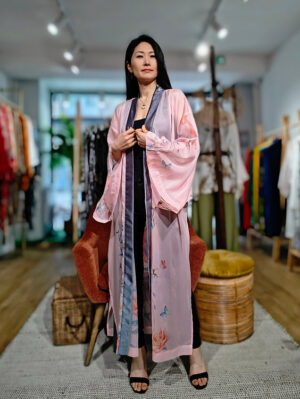 Veste kimono Longue en organza rose phénix