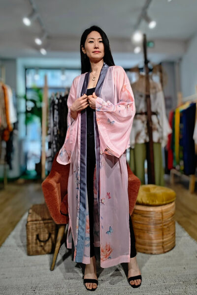 Veste kimono Longue en organza rose phénix
