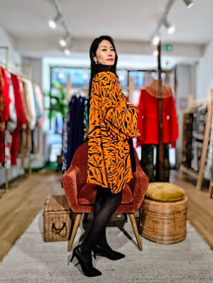 Veste kimono manches droites sans ceinture en coton zèbre orange