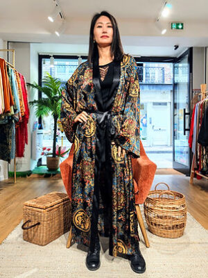 Veste Kimono Longue dragon et phoenix vietnamiens manches droites